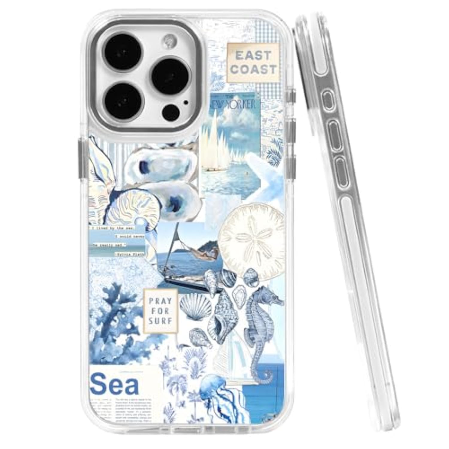 Cases For Iphone 15,Compatible With Magsafe,Classic Clear Shockproof Protection Magnetic Phone Case - Seashell Ocean Blue Retro Collage