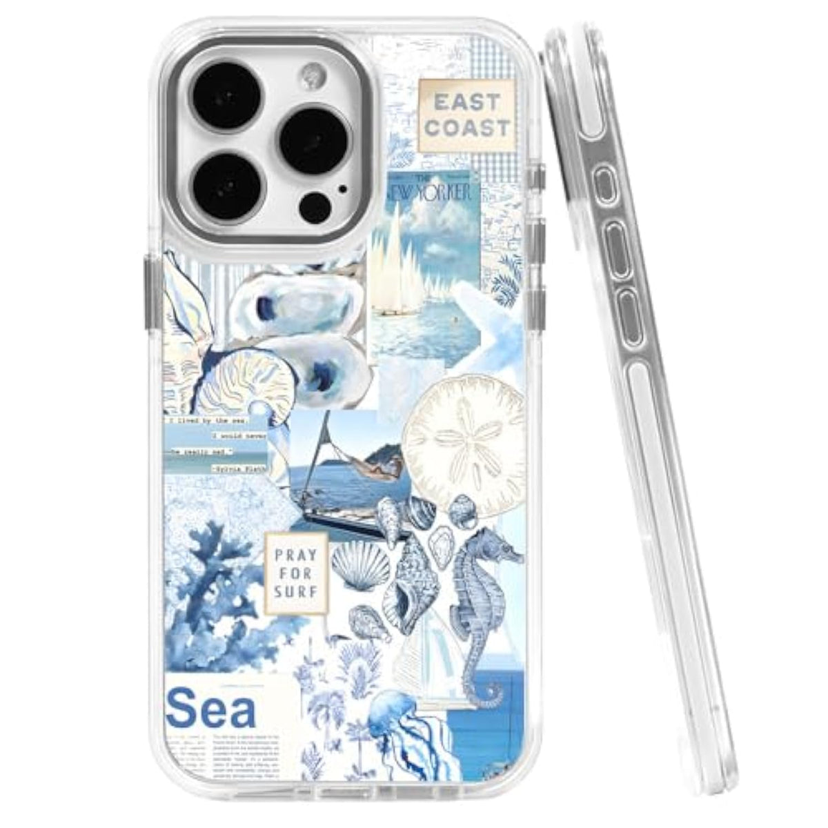 Cases For Iphone 15,Compatible With Magsafe,Classic Clear Shockproof Protection Magnetic Phone Case - Seashell Ocean Blue Retro Collage