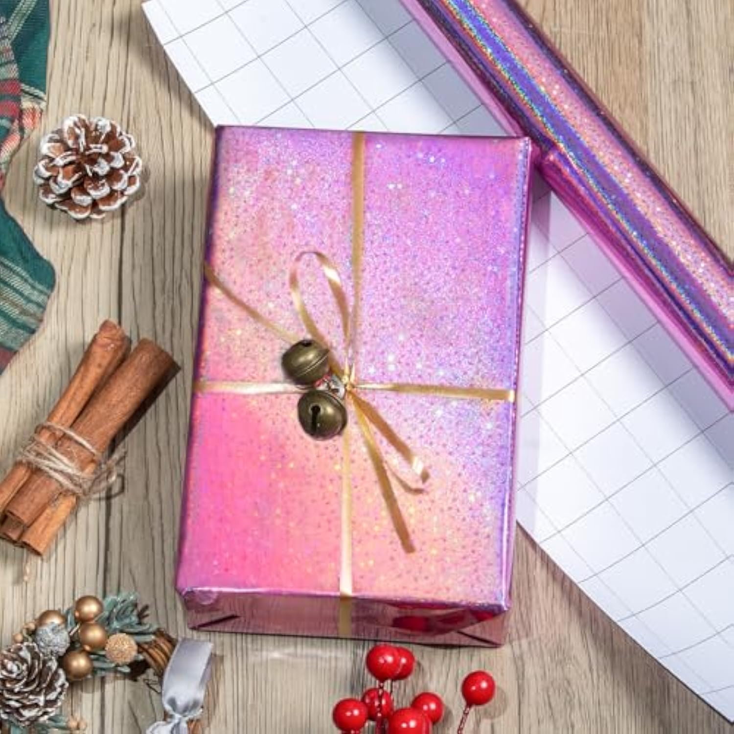 Pink Wrapping Paper Roll, Metallic Holographic Star Gift Wrap For Birthday, Valentines, Mothers Day, Graduation, Wedding, Fathers Day, Baby Shower, Christmas (17 In X 32.8 Ft)