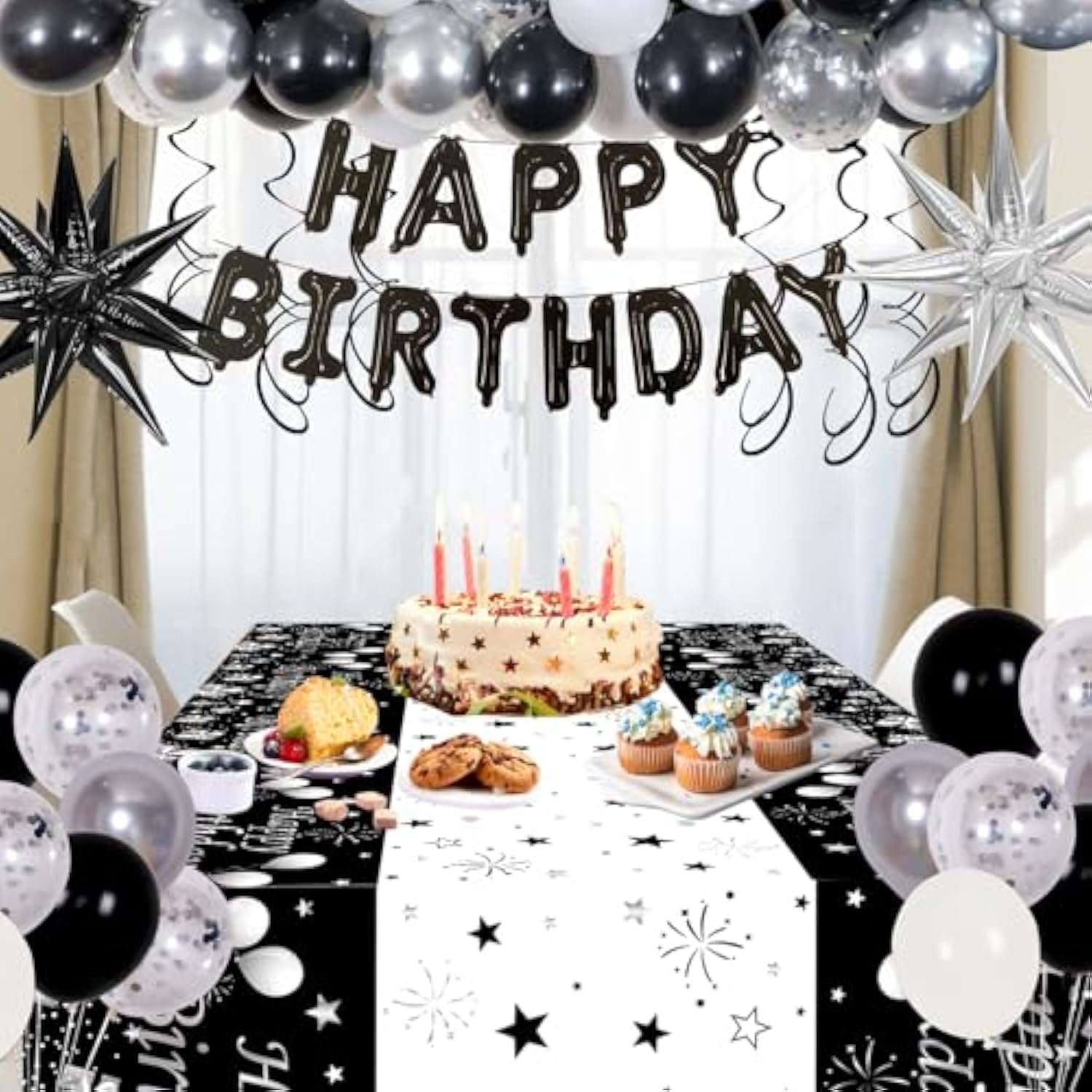 Black Silver Birthday Party Decorations For Men Women, Party Decorations Kit With Black Happy Birthday Banner, Star Balloon, Silver Fringe Curtain, Hanging Swirls For Diy Theme Bday Party