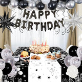 Black Silver Birthday Party Decorations For Men Women, Party Decorations Kit With Black Happy Birthday Banner, Star Balloon, Silver Fringe Curtain, Hanging Swirls For Diy Theme Bday Party