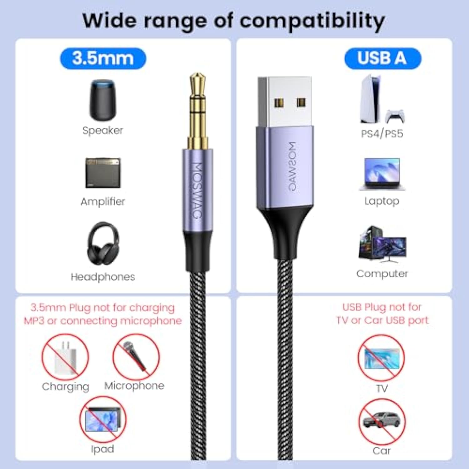 Usb To 3.5Mm Trs Audio Jack Adapter, Usb Male To 3.5Mm Aux Stereo Audio Cable, Nylon Braided Usb To Aux Converter For Pc, Laptop, Windows, Mac Osx, Headphones?Does Not Support In Vehicle?