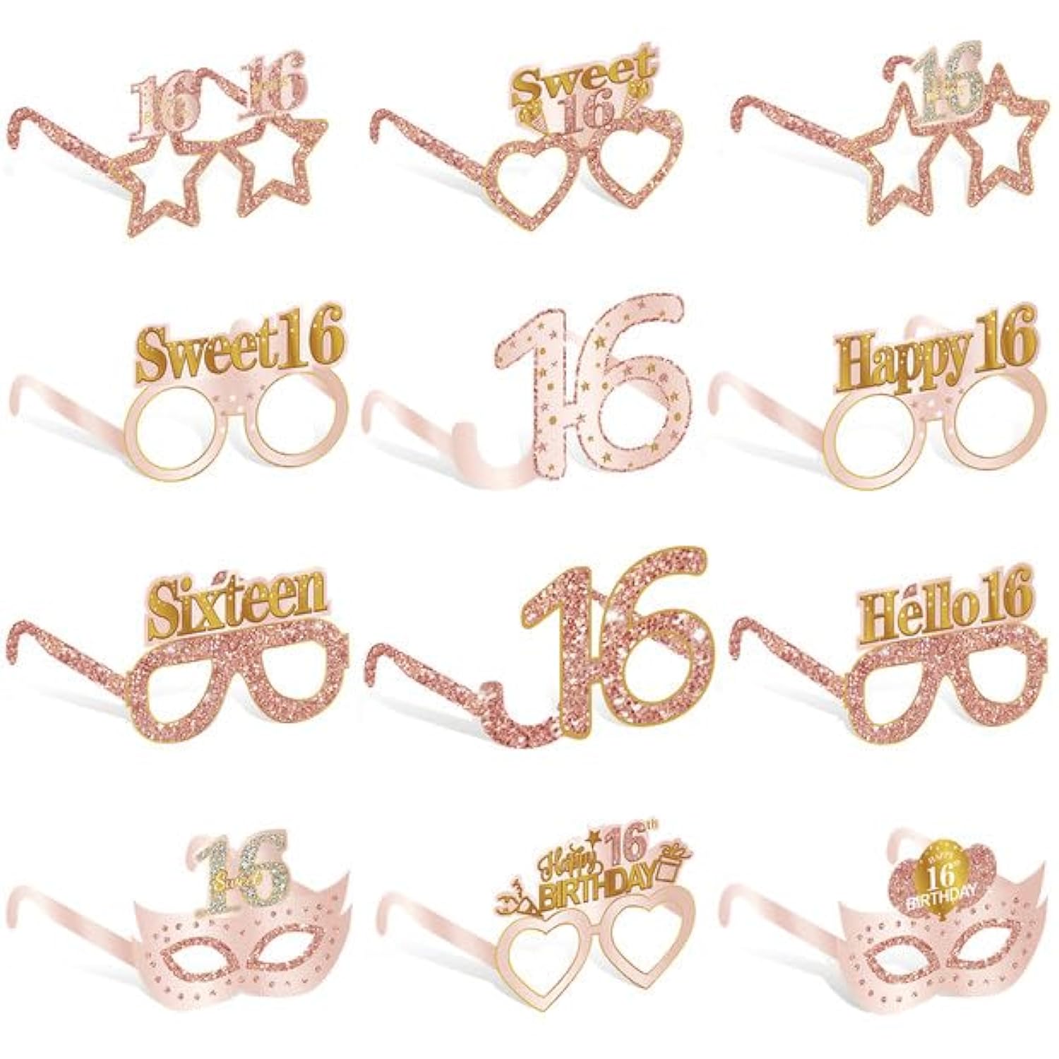 Sweet 16 Birthday Glasses: Pink & Rose Gold Photo Booth Props (24PCS Set)