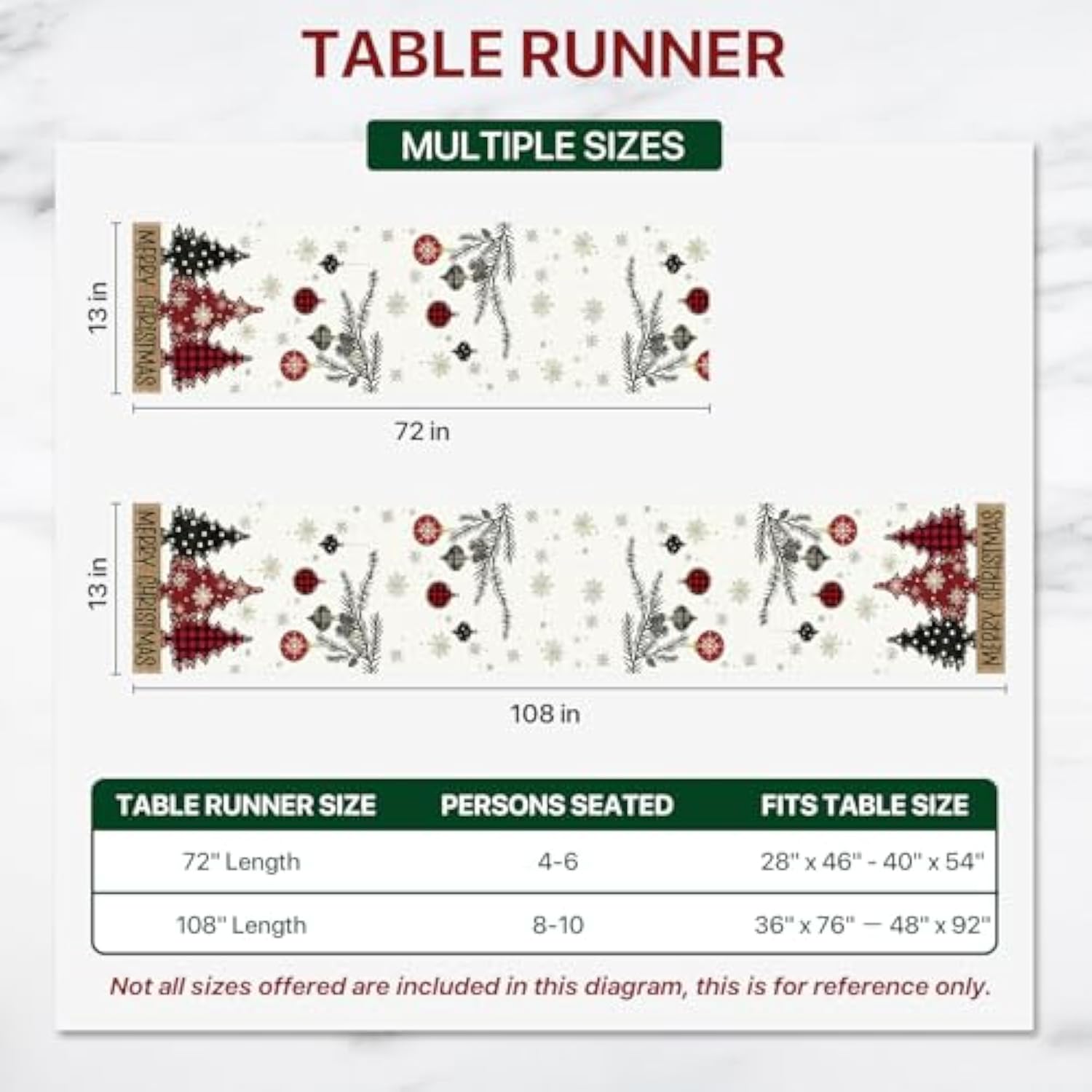 Red Pine Trees Merry Christmas Table Runner, Snowflake Table Runner, Seasonal Winter Decoration For Home Kitchen Dining Holiday Decor 13X72 Inch