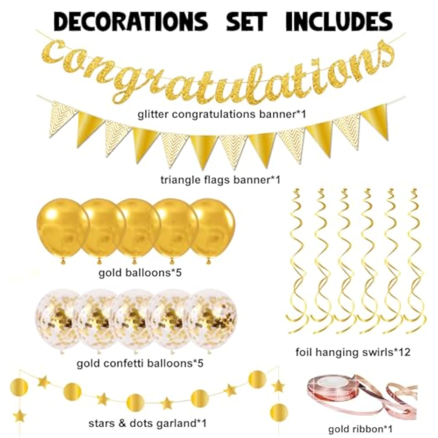 Congratulations Banner Kit - Glitter Congratulation Banner, Triangle Flag Banner, Star Circle Dots Garland, Hanging Swirls, Pre-Assembled Decorations For Graduation, Birthday, Anniversary Party Favors