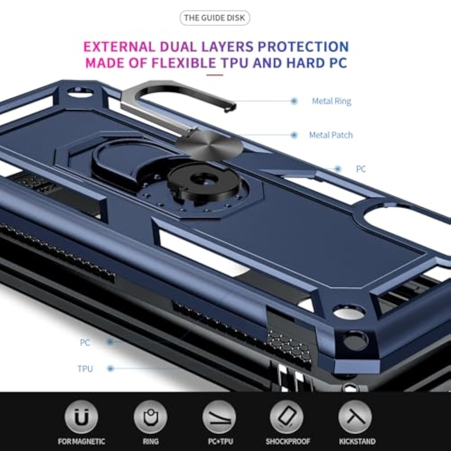 For Galaxy A10E Phone Case With Tempered Glass Screen Protector And Camera Lens Protector, Heavy Duty Rugged Android Unlocked Samsung A10E Cover With Magnetic Ring Holder Stand Men, Blue