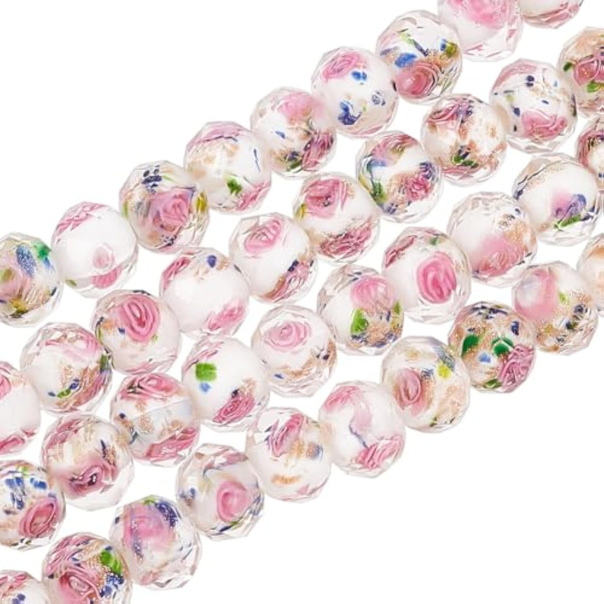 60PCS 9-10mm White Rose Lampwork Beads Gold Sand Glass for Jewelry Making