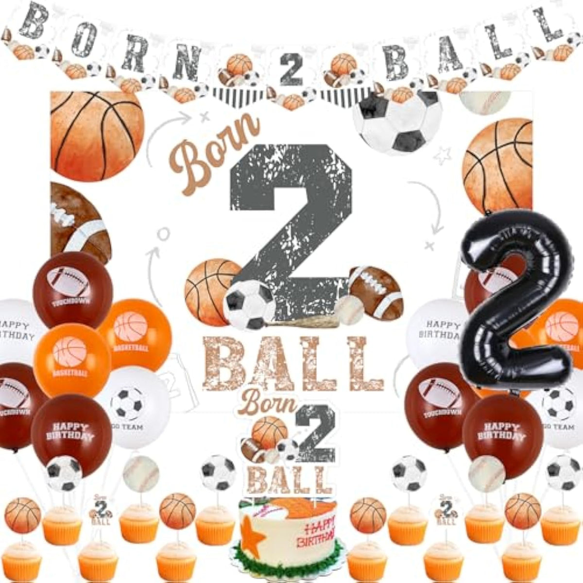 Born 2 Ball Birthday Decorations - Sports Theme Banner, Cake Toppers & Party Supplies