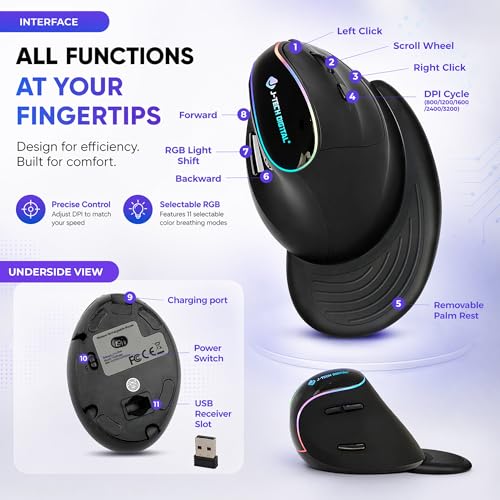 Ergonomic Mouse With Wireless Connection, Removable Palm Rest, Thumb Buttons, Rechargeable Battery, 800 Dpi, Compatible With Windows And Mac Os