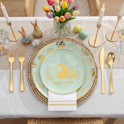 175Pcs Easter Plates and Napkins Disposable - Green and Gold Plastic Dinnerware Set for 50 guests include 50 Plates 25Cups 25Plastic Silverware 25Napkins Perfect for Easter Party