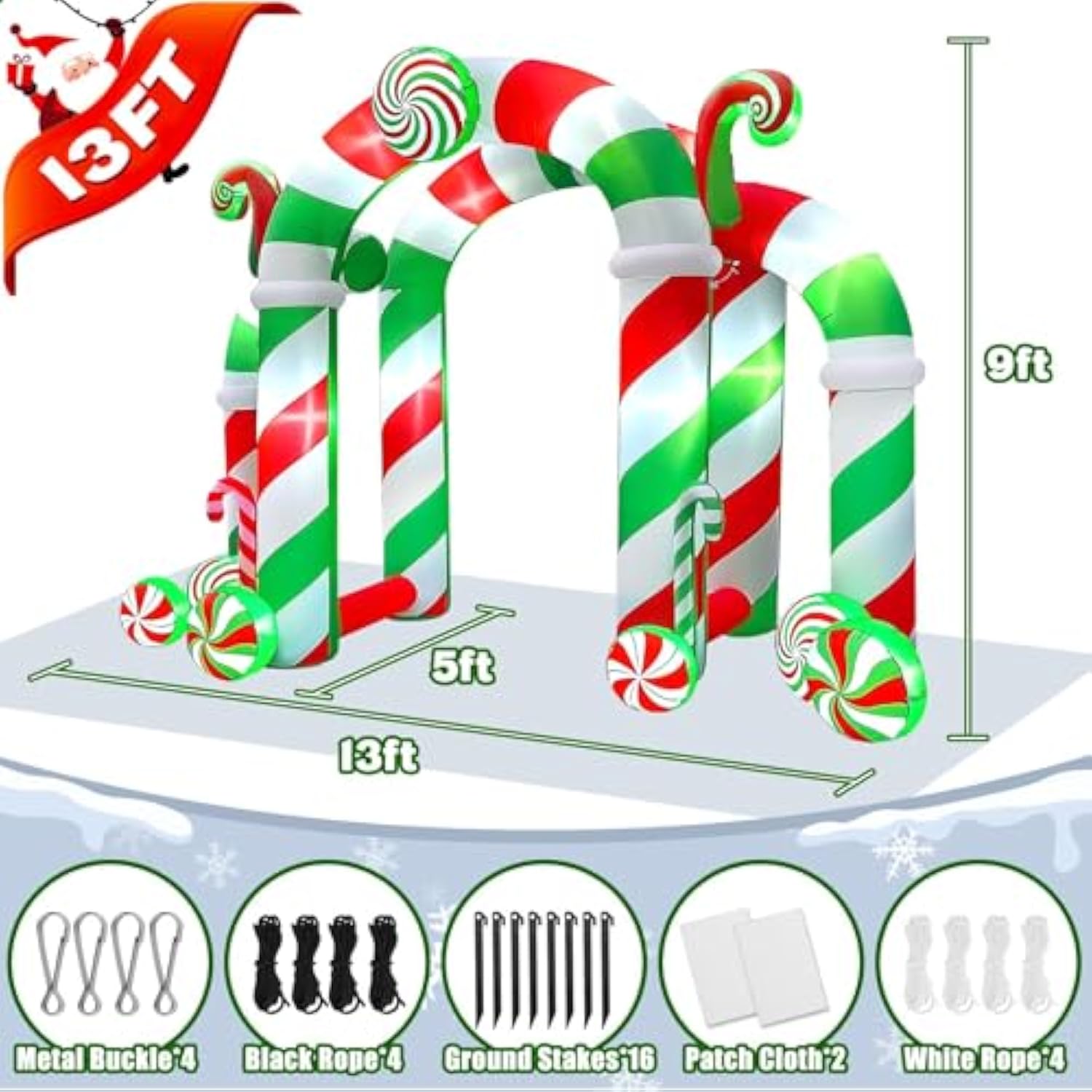 13Ft Christmas Archway Inflatables With Led Light, Giant Xmas Candy Arch Inflatable Stereoscopic Blow Up Christmas Outdo