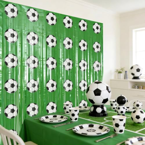 2 Pcs Soccer Birthday Party Decorations Fringe Curtains, Green Soccer Tinsel Foil Fringe Photo Backdrop Streamers for Sports Party Decorations, 3.3 x 6.6 ft