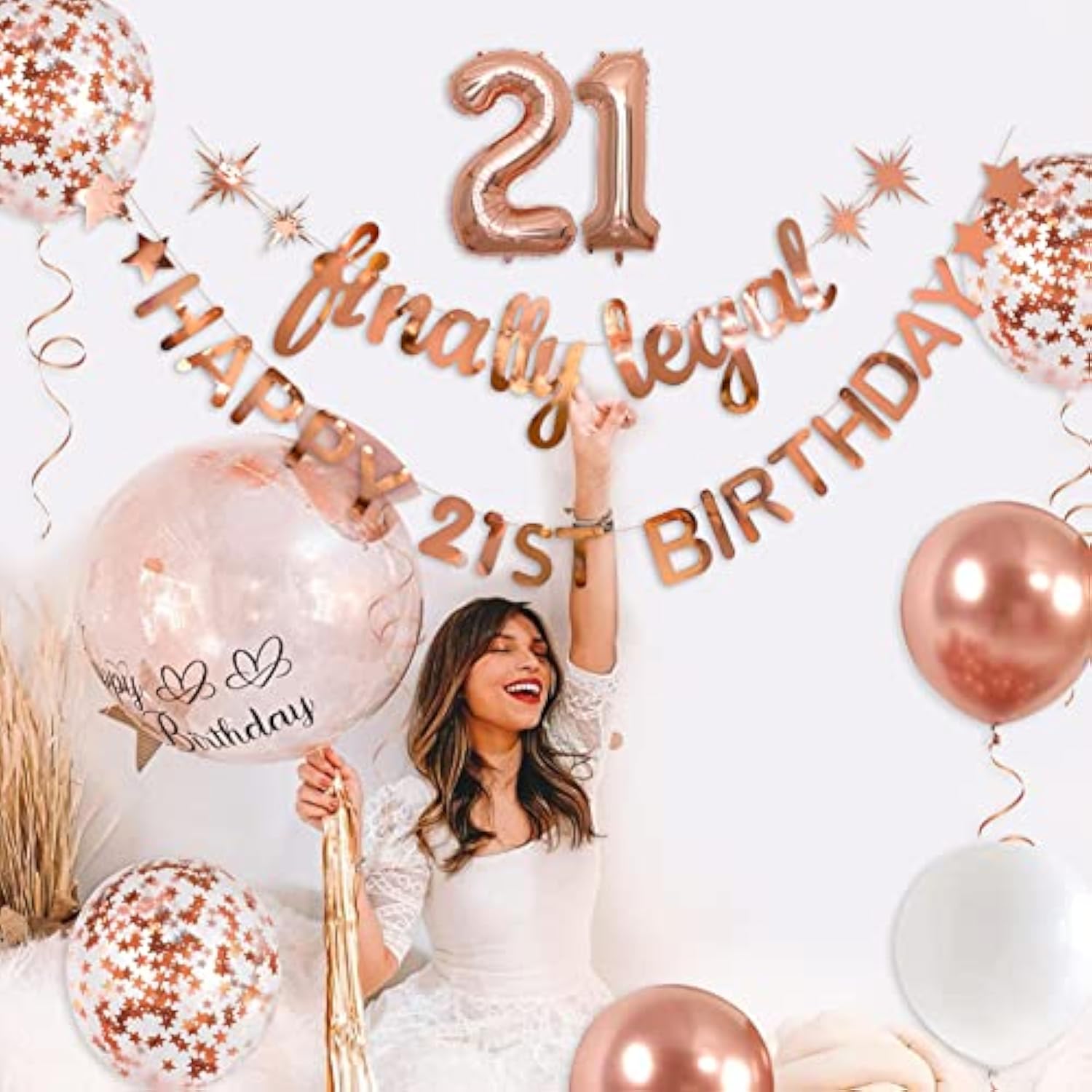 Rose Gold 21st Birthday Decor – "Finally Legal" Banner & Foil Balloons for Her Party Celebration