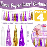 4P Purple-Gold Foil Fringe Metallic Tassel Garland, Tassels Banner Streamers For Parade Floats, Bachelorette, Wedding, Birthday, Halloween, Christmas, Bridal/Baby Shower Party Decorations