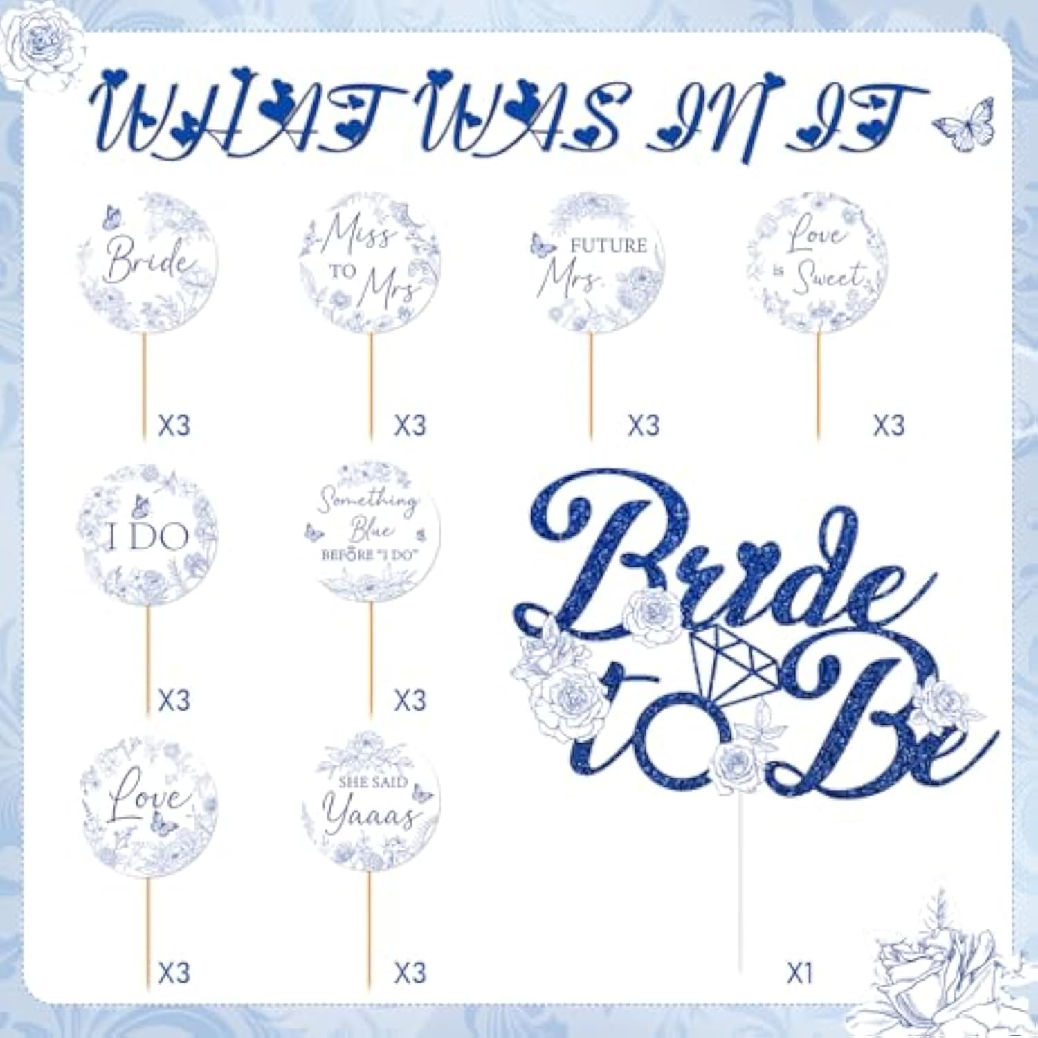 Bridal Shower Cupcake Toppers - 25 Pcs Something Blue Cake Decorations, Before I Do Bachelorette Bride To Be Engagement Wedding Party Supplies, Blue And White Floral Flower Table Decor Topper