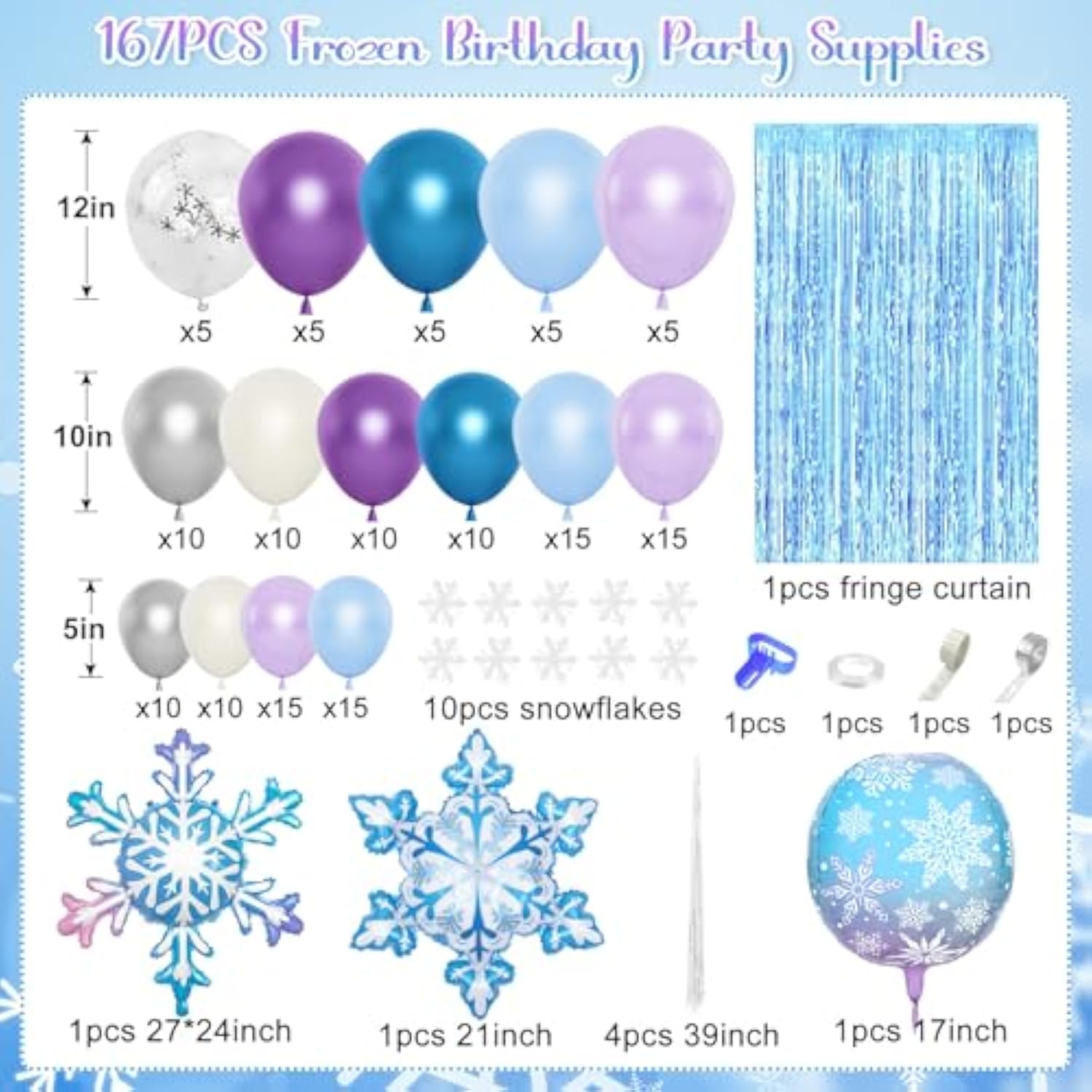 167Pcs Frozen Balloons Arch Garland Kit, Froozen Birthday Party Decorations Supplies Fringe Curtain Blue Purple Snowflake Balloon For Winter Wonderland Princess Girl Decor