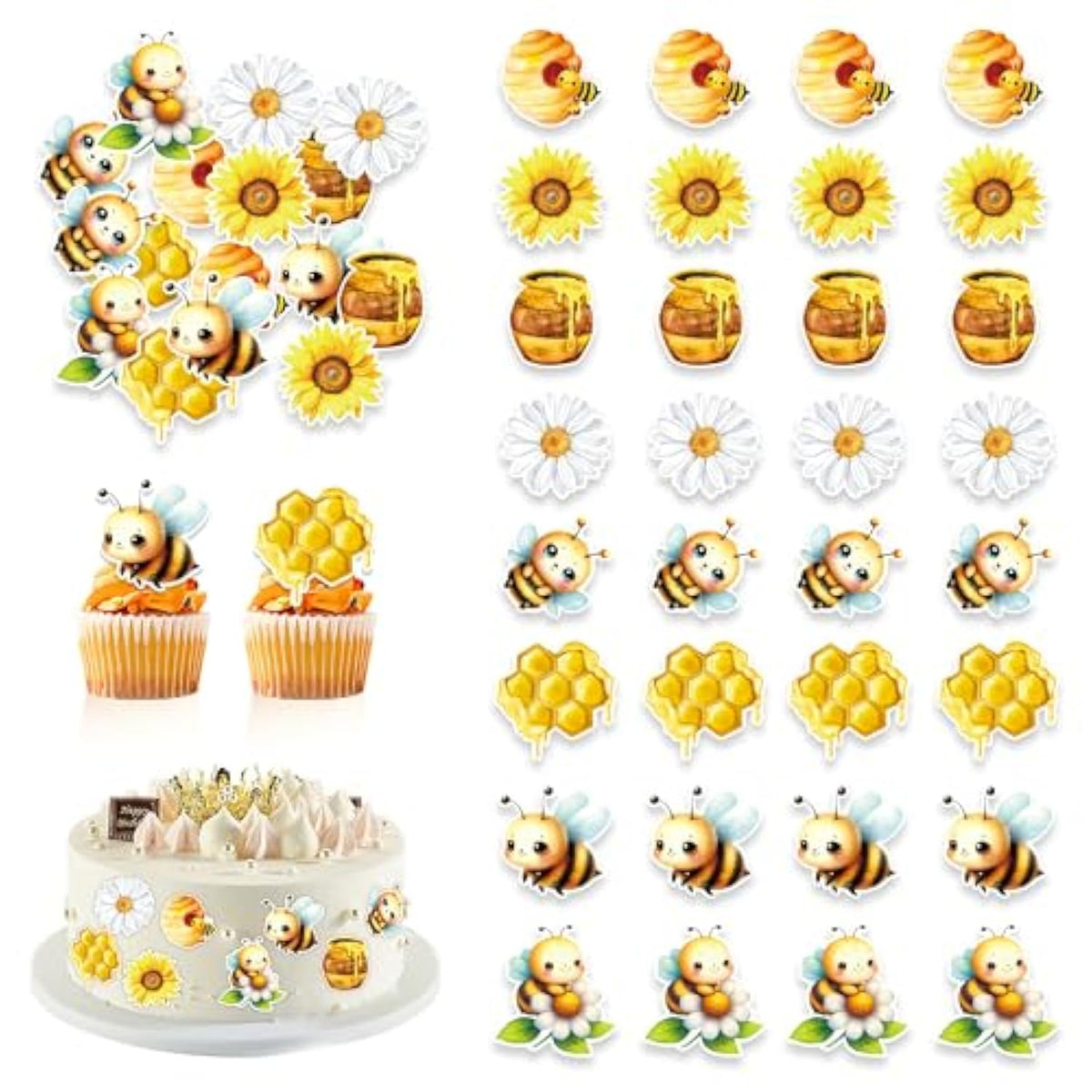 48 Pcs Edible Bumble Bee Cupcake Toppers Wafer Paper Oh Babee Cake Decorations For Bee Theme Baby Shower Kids Boys Girls Birthday Cake Party Decoration
