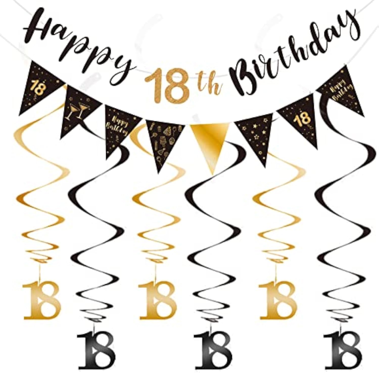 18th birthday kit with black-gold banner, bunting, swirls, and triangle flags