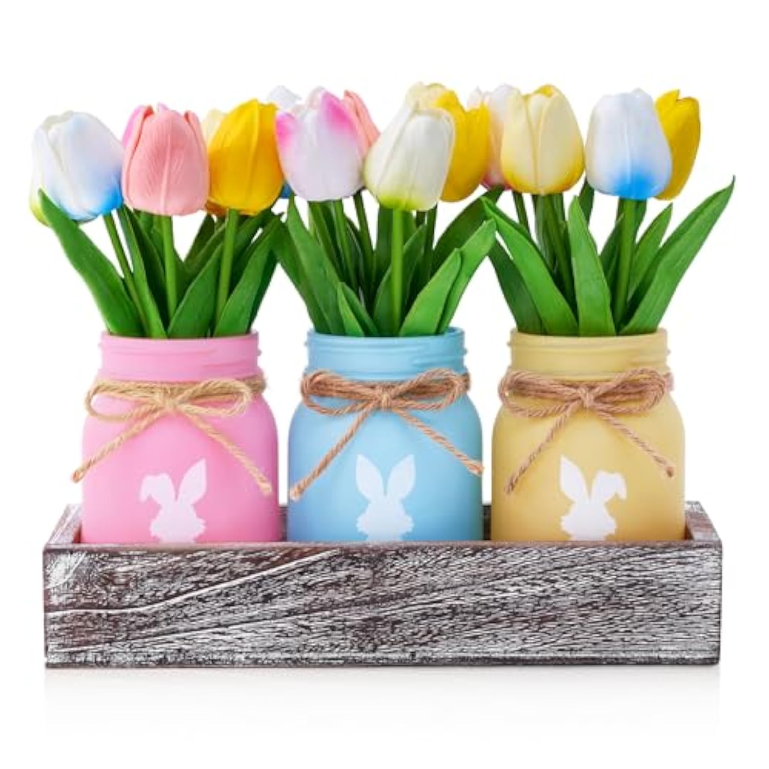 Bunny Mason Jar Spring Easter Table Decor, Centerpieces For Tables With Tulips Artificial Flowers, Farmhouse Wood Tray, 22 Pcs Easter Spring Decorations Indoor For Home Office Table