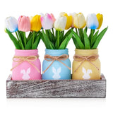 Bunny Mason Jar Spring Easter Table Decor, Centerpieces For Tables With Tulips Artificial Flowers, Farmhouse Wood Tray, 22 Pcs Easter Spring Decorations Indoor For Home Office Table