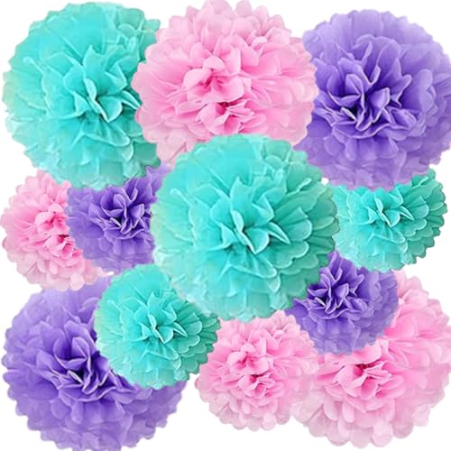 Pink Purple and Blue Paper Pom Poms (12 Pack) - Pastel Teal Pink and Purple Hanging Tissue Flowers for Baby Shower Birthday Party Ceiling Decorations