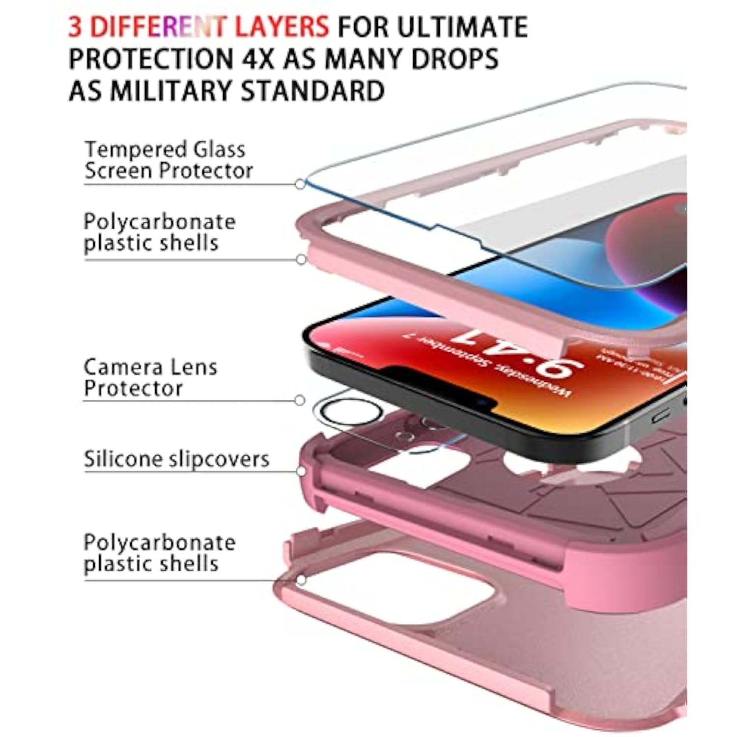 Heavy Duty Protection Phone Case Cover for Apple iPhone 14 with Tempered Glass Screen and Camera Lens Protector, Pink