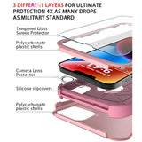 Heavy Duty Protection Phone Case Cover for Apple iPhone 14 with Tempered Glass Screen and Camera Lens Protector, Pink