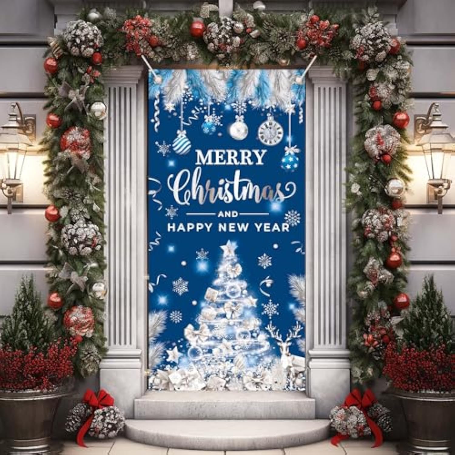 Christmas Door Cover For Front Door - Merry Xmas Banner Blue Silver Christmas Tree Themed Door Banner Decorations, Merry Christmas And Happy New Year Backdrop For Holiday Party Supplies