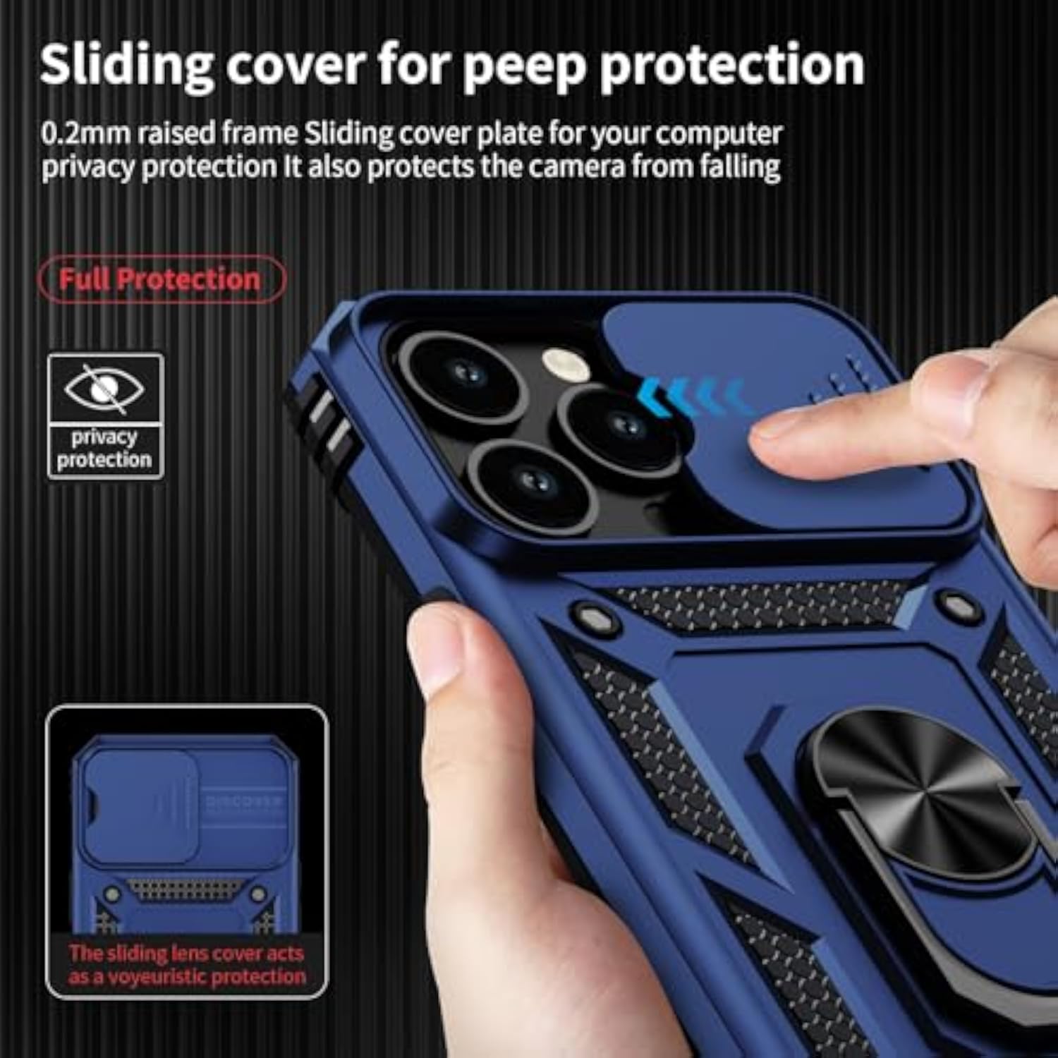Navy Blue iPhone 14 Pro Max Case with Slide Lens Cover HD Screen Protector, Military Grade Drop Protection, Magnetic Rotated Ring Holder Kickstand Protective Phone Case