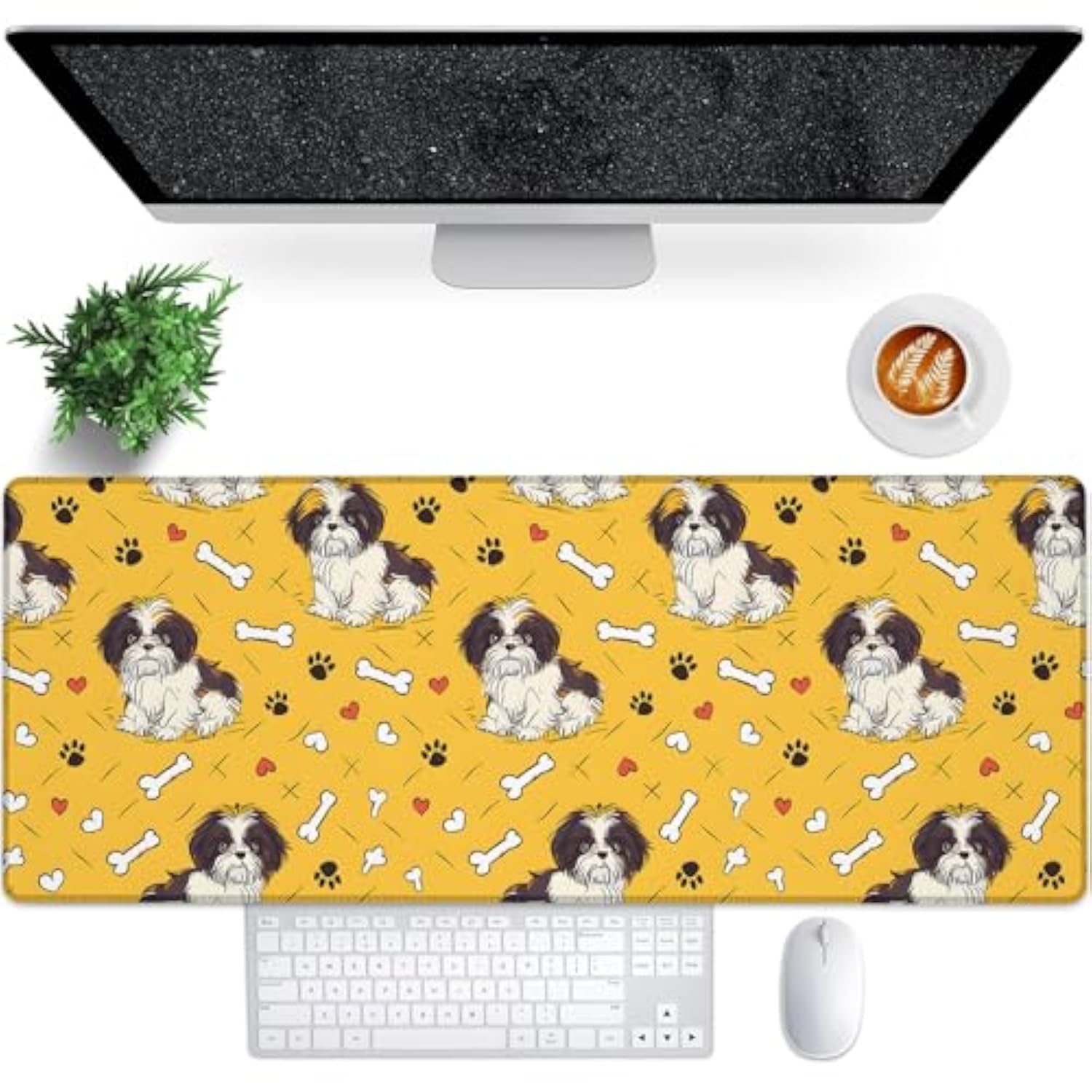 Cute Dog Gaming Mouse Pad, 31.5"×11.8" Extended Desktop Puppy Mouse Pads For Keyboard Laptop Computer, Large Desk Mat With Stitched Edges For Work Office Desk Decor (Funny Shih Tzu)