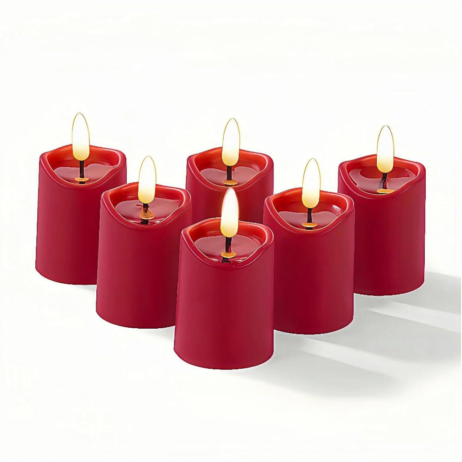 Simplelight Red Flameless Votive Candles With Timer, Realistic Black Wick Valentine’S Day Candles Battery Operated, Battery Included, D 1.8” X H 3.1”, Set Of 6 For Wedding, Christmas Decoration (Red)