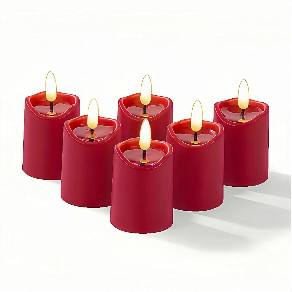 Simplelight Red Flameless Votive Candles With Timer, Realistic Black Wick Valentine’S Day Candles Battery Operated, Battery Included, D 1.8” X H 3.1”, Set Of 6 For Wedding, Christmas Decoration (Red)