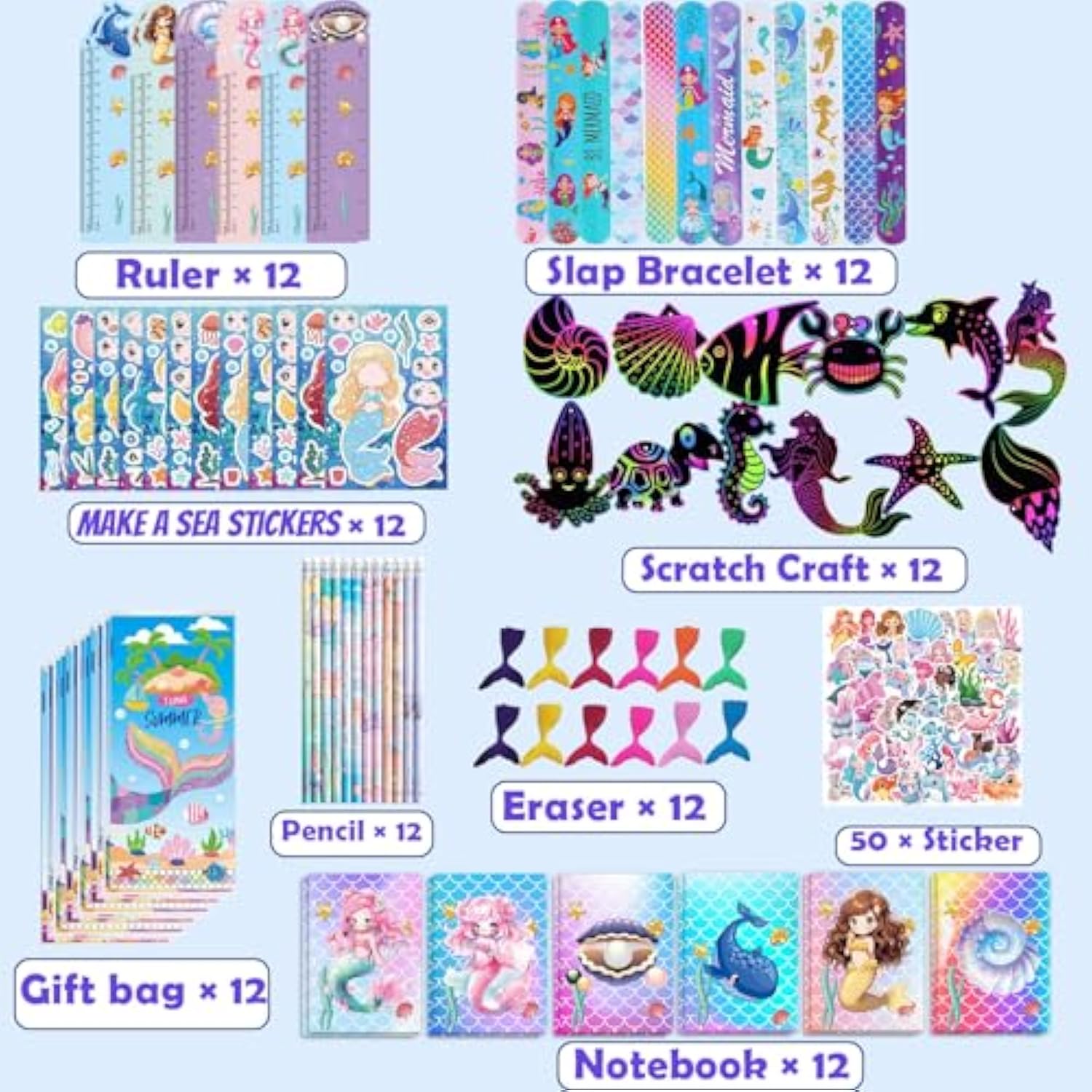 146Pcs Mermaid Party Favors 12 Pack Birthday Party Supplies, Little Mermaid Stationery Set Baby Shower Goodie Bag Stuffers Classroom Rewards For Kids Pinata Fillers
