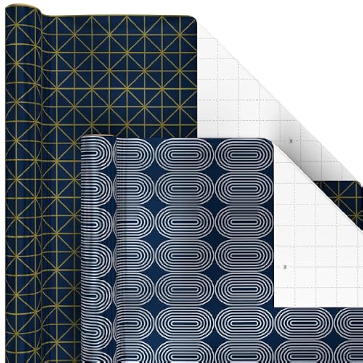 Hallmark Bulk Wrapping Paper Rolls for Birthday, Wedding, Graduation – Blue Metallic Gift Wrap Paper (Set of 6 Rolls: 180 Square Feet Total) Silver Stars, Gold Dots, Stripes, Navy