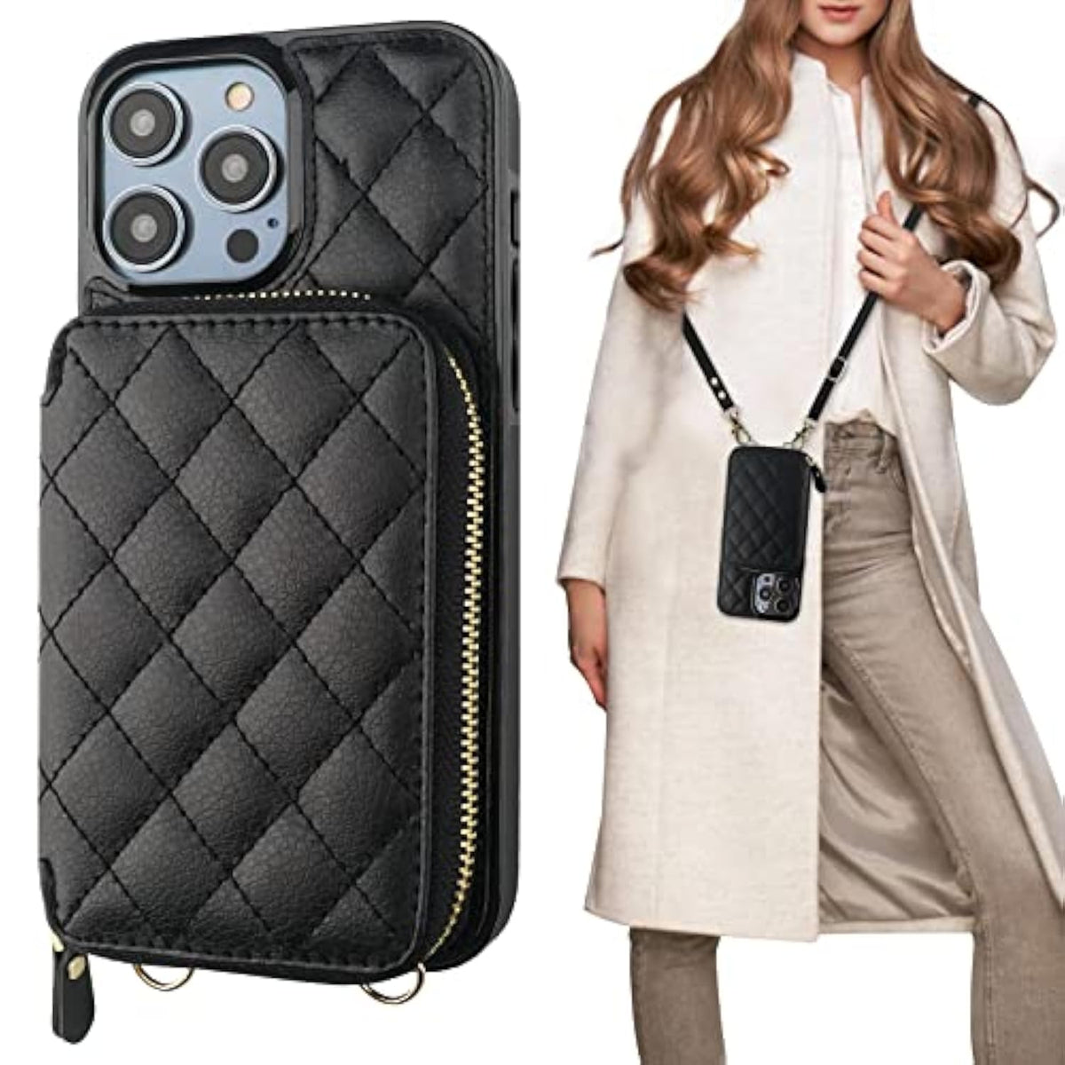 Crossbody Wallet Case For Iphone 14 Pro Max, Rfid Blocking Pu Leather Zipper Handbag Purse Flip Cover, Kickstand Folio Case With Card Slots Holder Wrist Strap Lanyard 5G 6.7 Inch (Black)