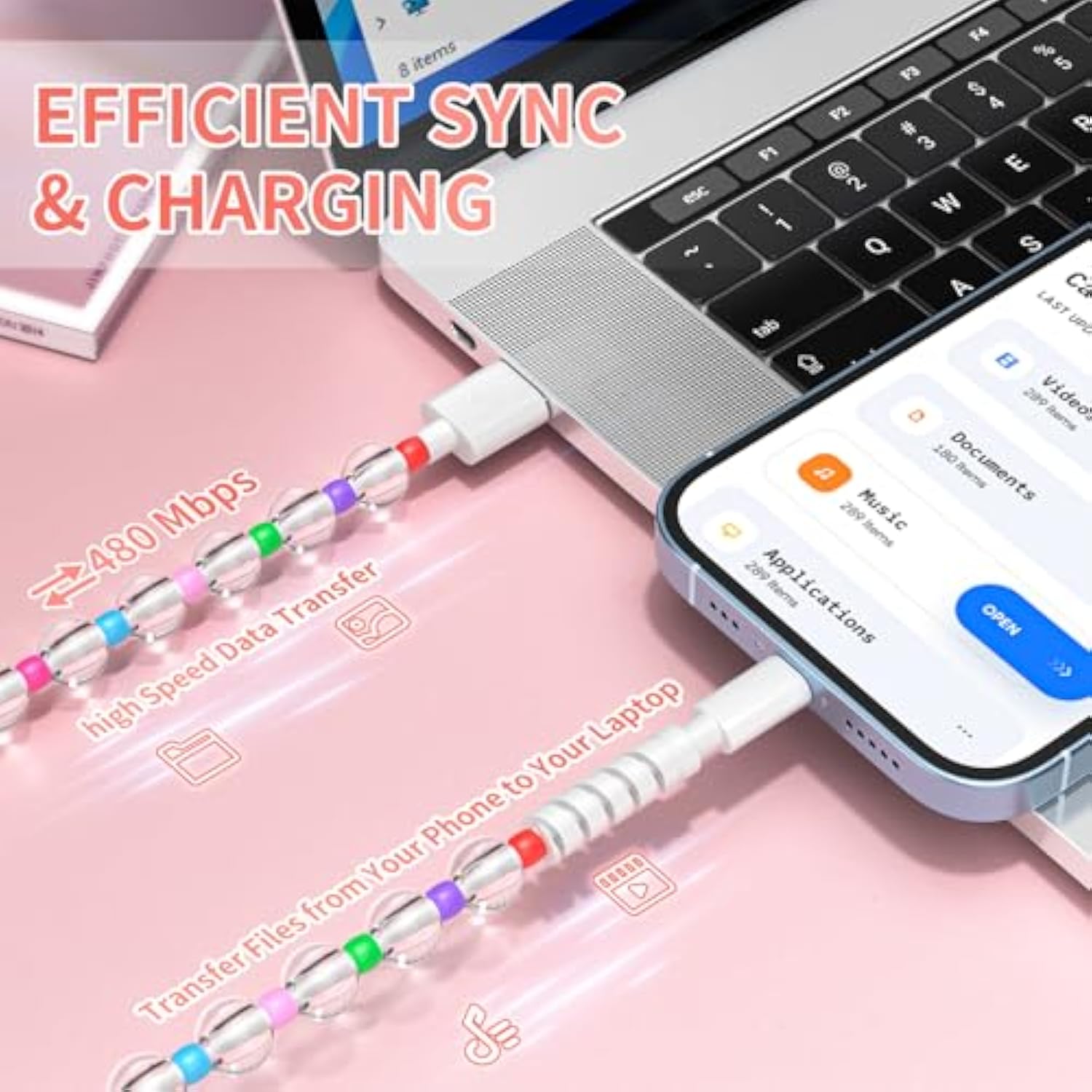 For Iphone Charging Cable 66W Beaded Phone Charger Cable [Mfi Certified] 6.6Ft/2M Long Fast Charger Cord Cute Usb A Charging Cord For Iphone 14 13 12 11 Pro Max 8 Plus For Ipad Pro Transparent