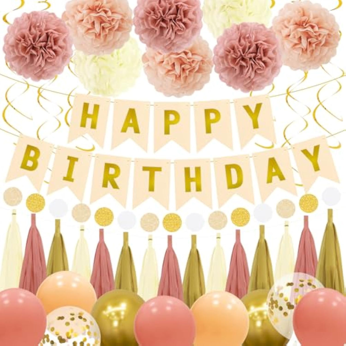 Birthday Decorations For Women Girls Kit - Boho Pink Happy Birthday Banner With Tissue Flower Pom, 12 Inch Balloons,Tassel Garland,Hanging Swirls Streamers For Boho Neutral Retro Themed Party Decor