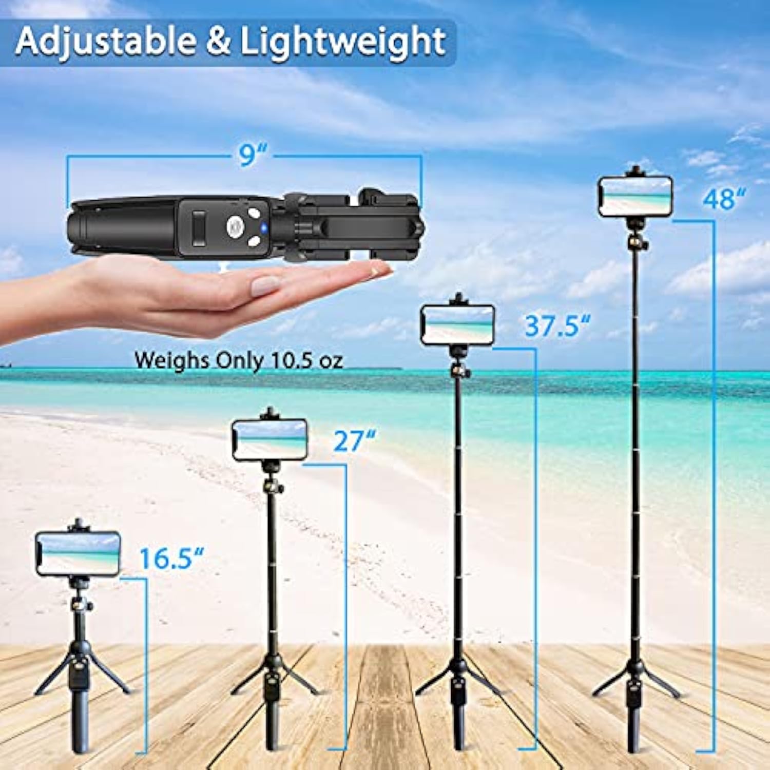42" Compact Selfie Stick & Tripod, Extendable, Wireless Bluetooth Remote, Lightweight Aluminum, Travel Ready, Compatible With Iphone 14 13 12 Pro Xs Max Xr X 8Plus 7 & Android