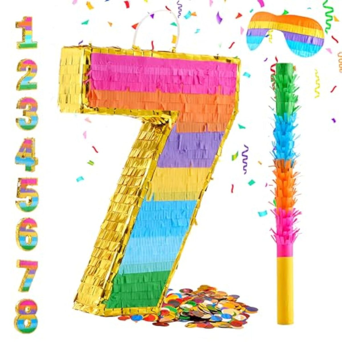Rainbow Number 7 Pinata For 7Th Birthday Party Decorations, Fiesta, Kids Anniversary Celebration, Birthday Pinata With Stick, Blindfold And Confetti (Small, 16.5 X 11.5 X 3 In)
