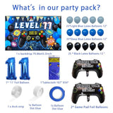 90Pcs Video Game Party Decorations For Boys Set Blue - 11Th Birthday Supplies - Video Game Backdrop, Balloons, Tablecloth, Gamer And Foil Balloons