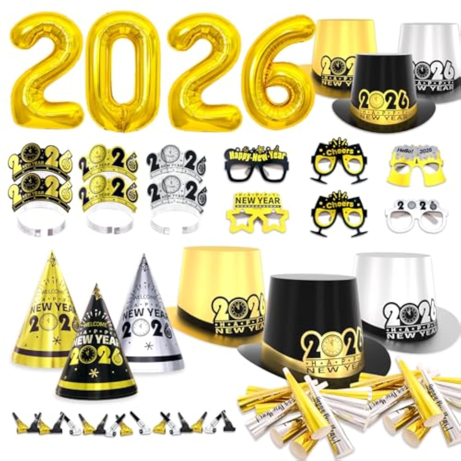 2026 New Year Party Supplies for 24 Guests with Hats, Tiaras, Glasses, and Accessories