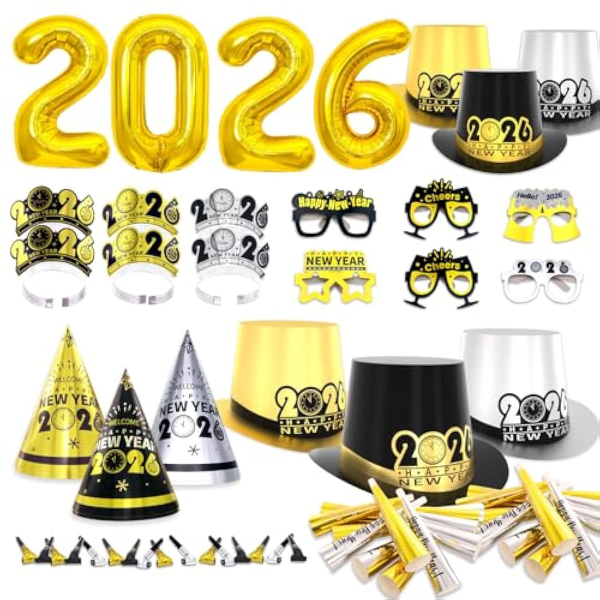 2026 New Year Party Supplies for 24 Guests with Hats, Tiaras, Glasses, and Accessories