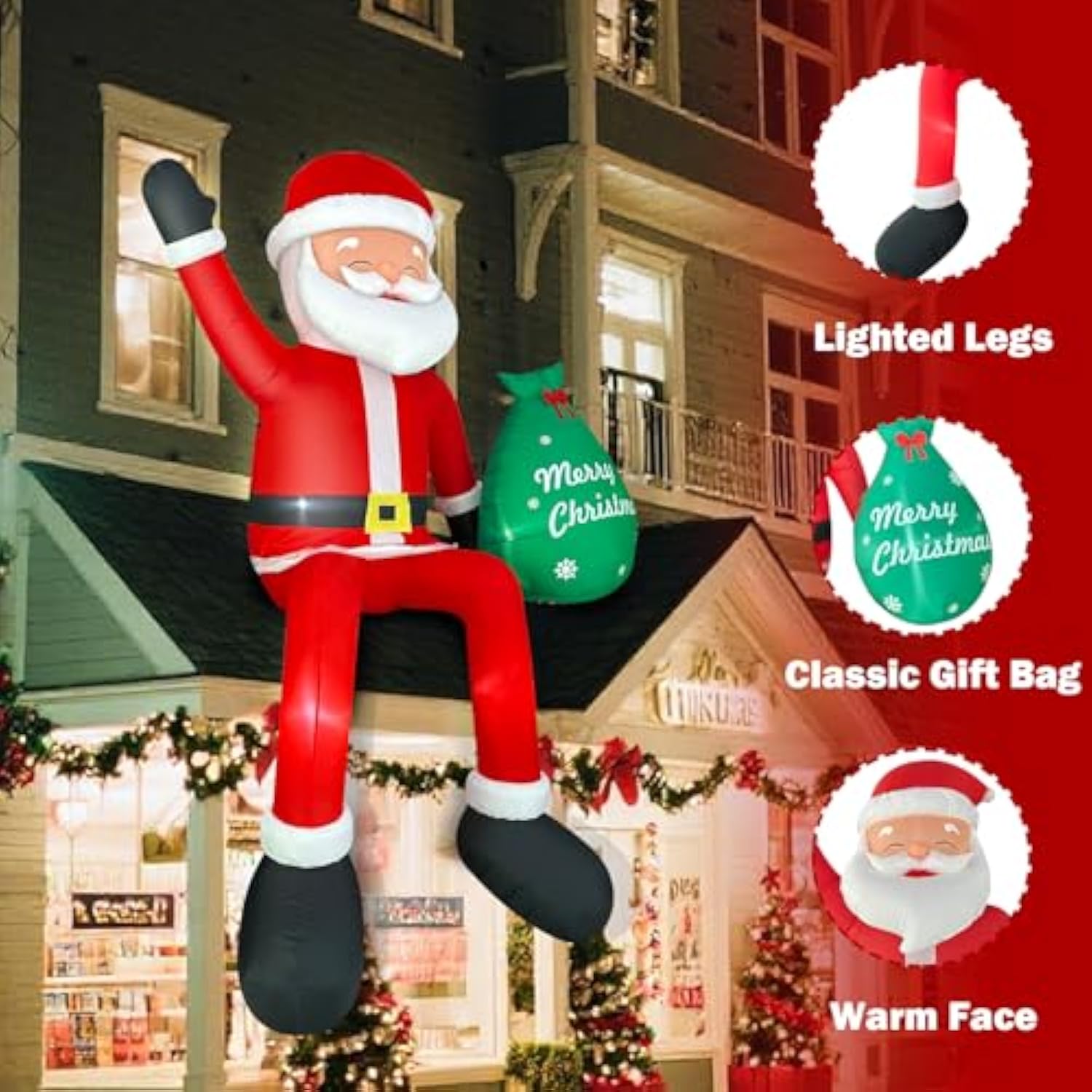 8 Ft Christmas Inflatable Outdoor Decorations Blow Up Sitting Santa Claus With Gift Bag, Lighted Santa Carrying Present