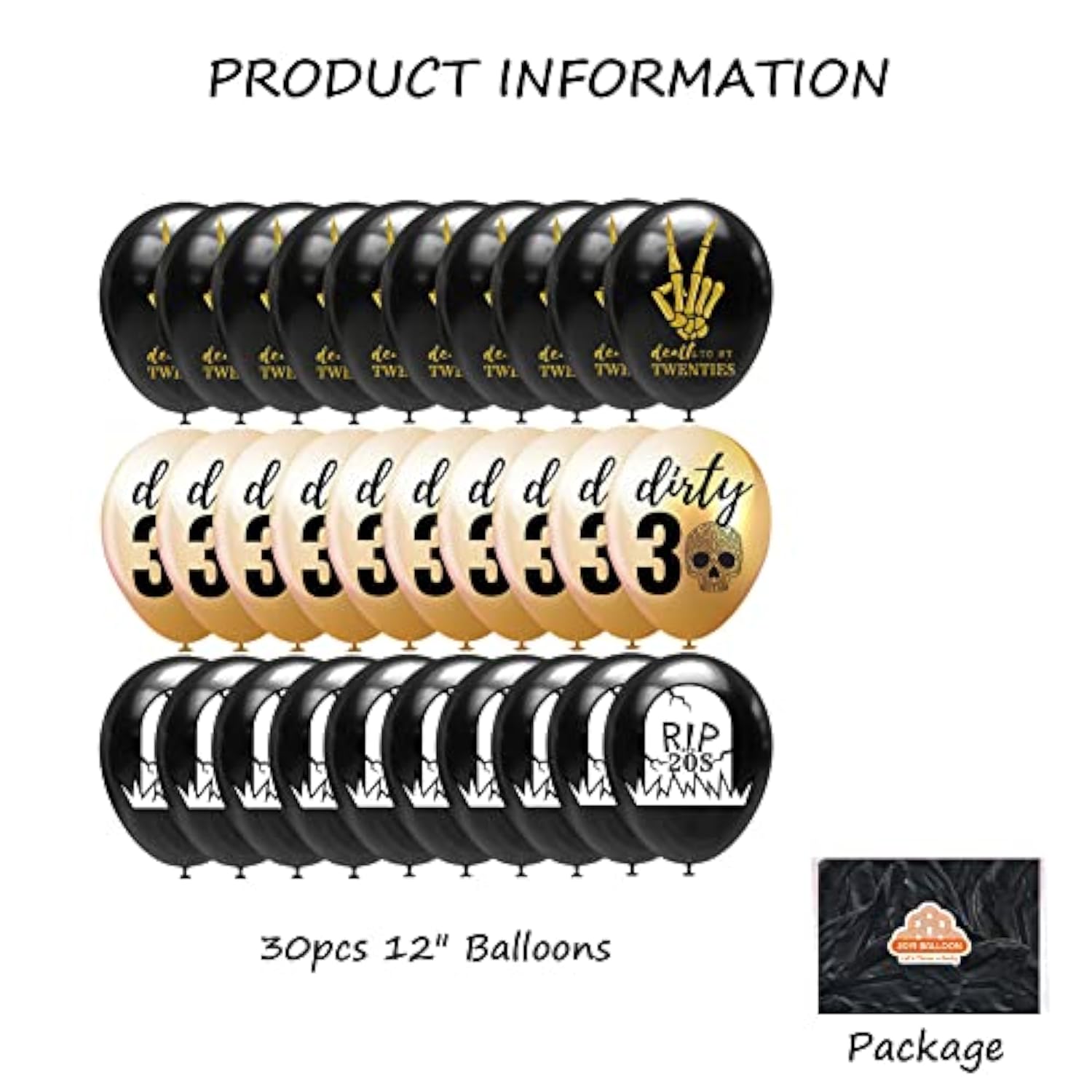 30Pcs Gold, Black 'Rip Twenties' 12 Inch Balloons, Unisex 30Th Birthday Party Decorations