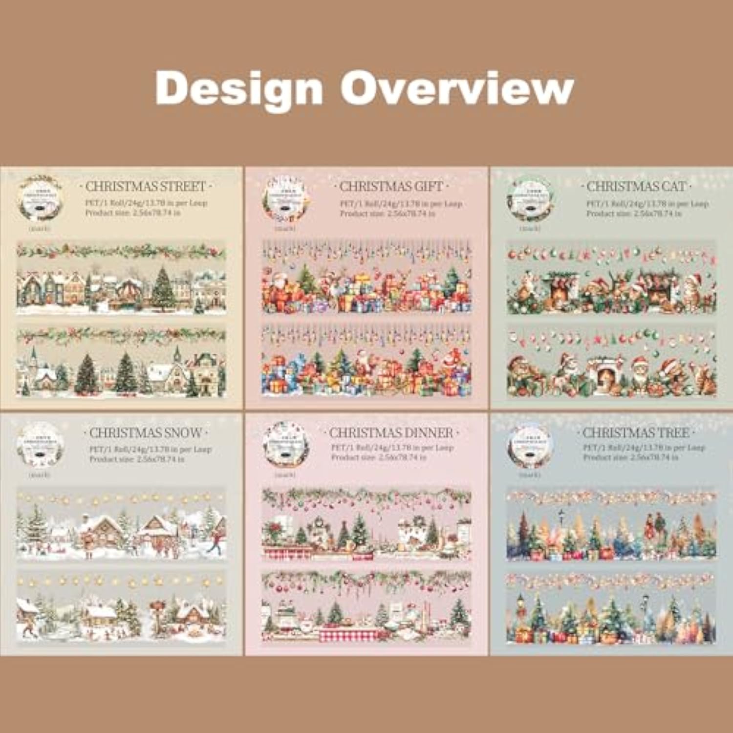 Christmas Pet Tape Set - Seamless Loop Design With Snowy Villages, Festive Cats And Holiday Scenes, Includes Decorative Clip, Self-Adhesive Rolls For Scrapbook, Journal And Diy Decor