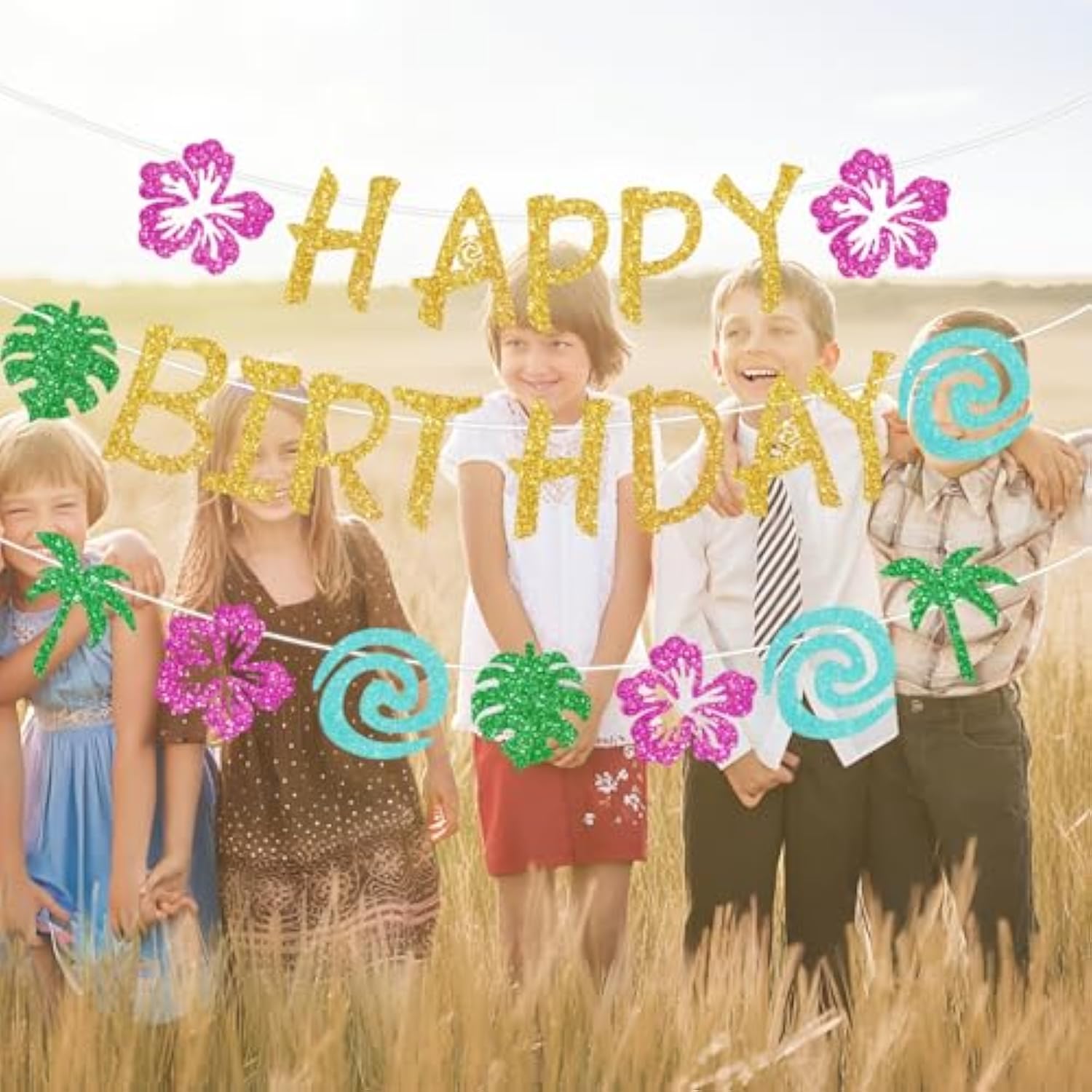 Glittery Gold Tropical Birthday Banner, DIY Luau Party, Summer Theme Decorations