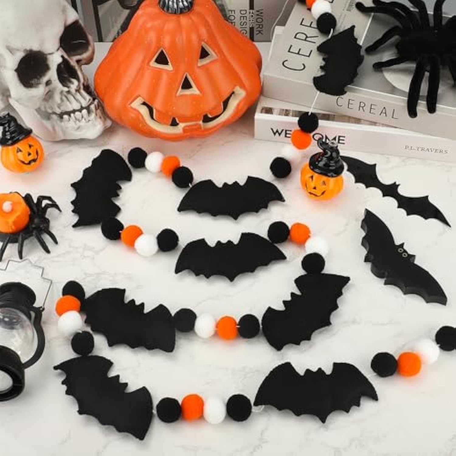 6.6Ft Halloween Felt Bats Banner Pre Strung 3D Bat Garland Pompom Ball Hanging Decor