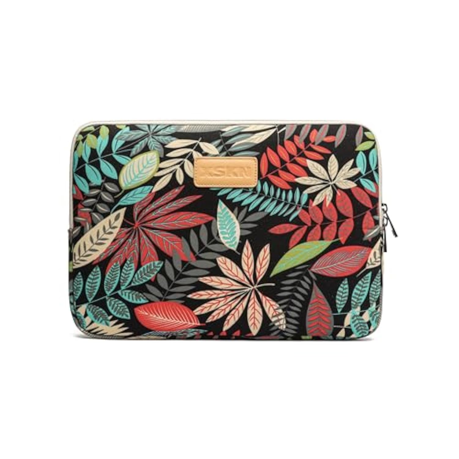 XSKN Colorful Leaf Canvas Fabric Stylish Print Style Zipper Tablet Laptop Sleeve for MacBook HP Samsung Dell Acer Asus Lenovo Notebook and Other laptops (13 inch), Black