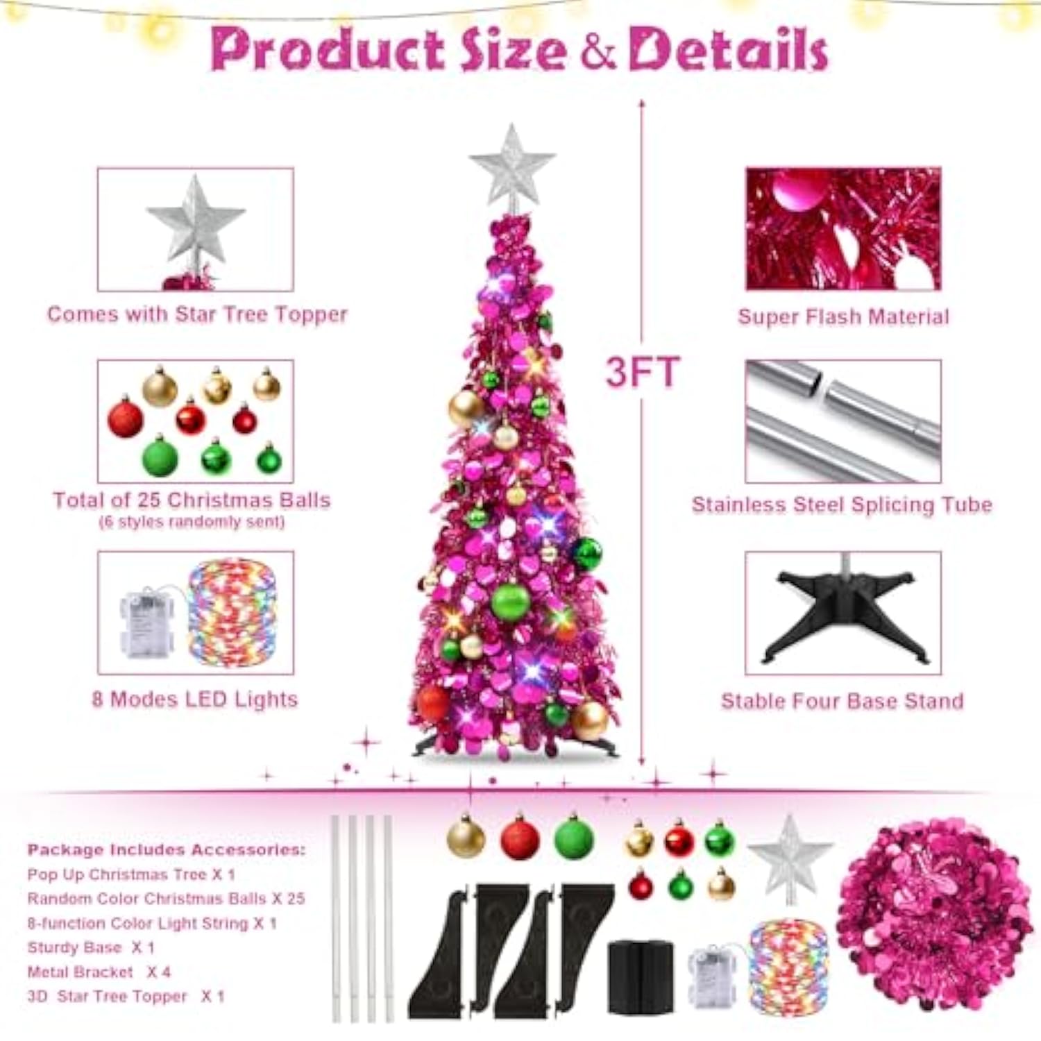 Pop Up Christmas Tree With Lights, Collapsible Tinsel Xmas Tree Decorations, Pencil Christmas Tree Skinny Tree For Holiday Xmas Home Office Decor, 25 Balls, 3Ft, Fuchsia