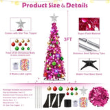 Pop Up Christmas Tree With Lights, Collapsible Tinsel Xmas Tree Decorations, Pencil Christmas Tree Skinny Tree For Holiday Xmas Home Office Decor, 25 Balls, 3Ft, Fuchsia